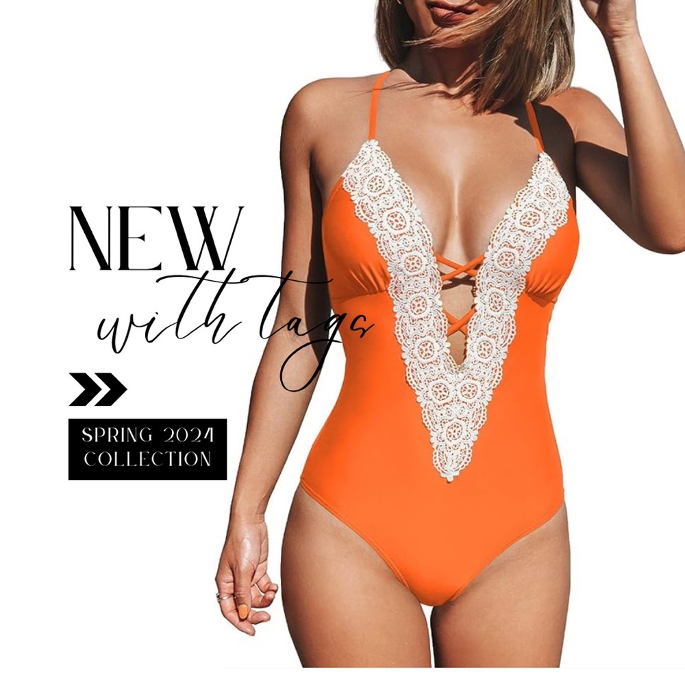 NWT CUPSHE Women's One Piece Vintage Lace Deep V Neck Cutout Swimsuit